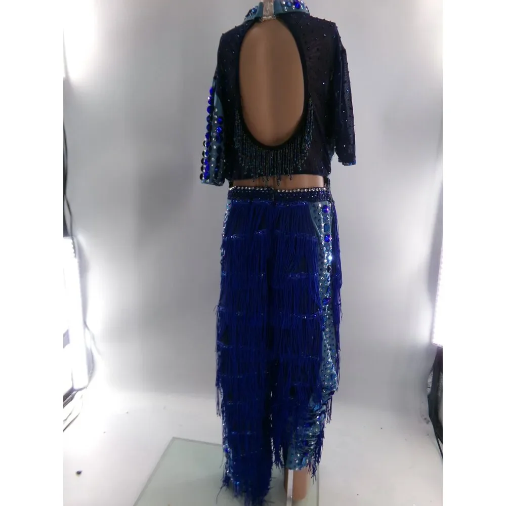 Pre-Owned Dance Costume Large Child Blue Glamour Jazz Tap Clogging Latin Fringe